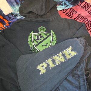 VS PINK  Matching Set Green Campus Pullover Hoodie Sweatshirt & Sweatpant XL GUC